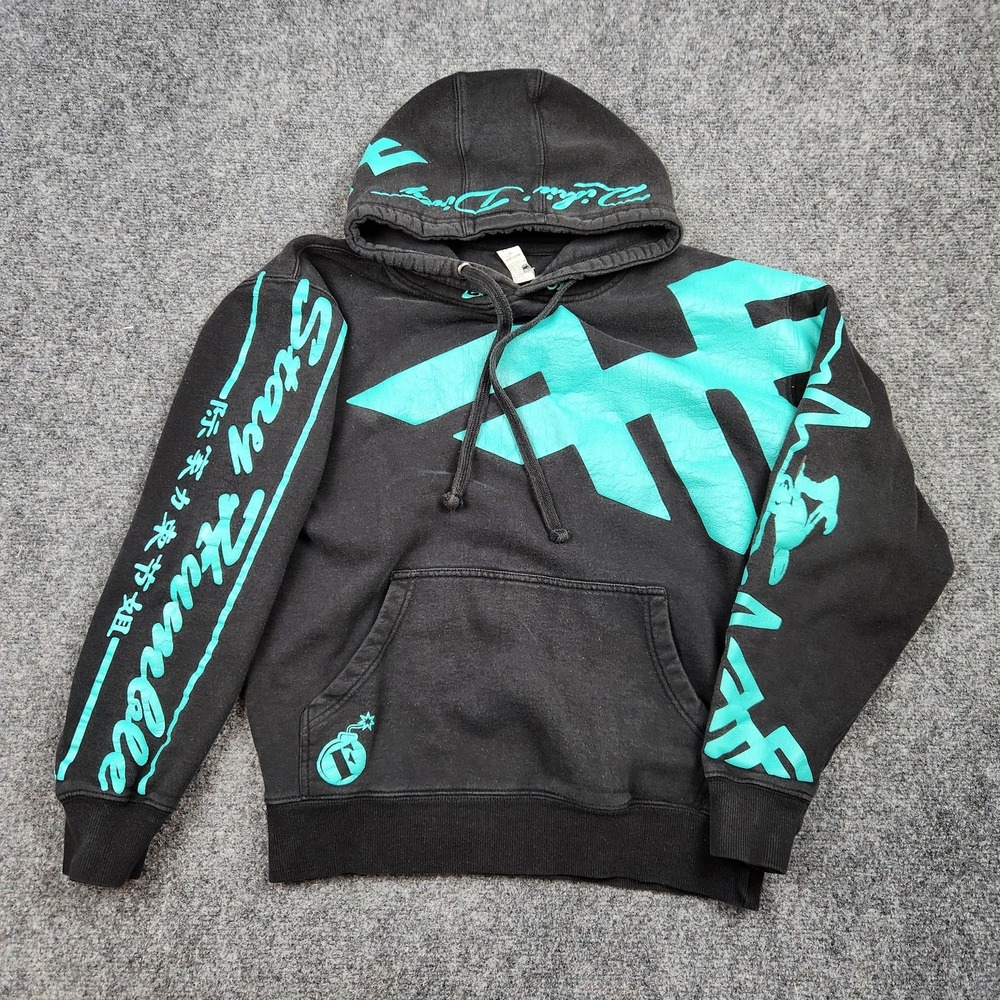 Vintage FMF Hoodie Mens Medium Black Teal Graphic Pullover Sweatshirt‎ Dog Logo